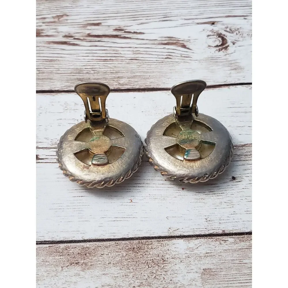 Vintage Clip On Earrings - Golden Cream Tone with Gold Tone Halo Large 1 & 1/8